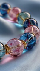 Colorful glass beads arranged elegantly on a soft fabric surface reflecting light in creative artistic fashion