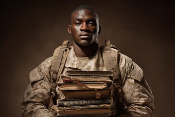 Soldier Books: African American Man in 30s Holding Stack of School Books