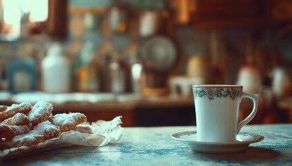Warm, inviting kitchen scene. Freshly baked, sugared pastries and a steaming beverage rest on a distressed blue counter, with blurred background elements