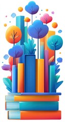 Whimsical stack of books with colorful, cartoonish trees and plants growing upward, creating a fantasy cityscape. Soft lighting and rounded shapes