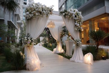 Elegant wedding ceremony setup with floral decor in a modern outdoor venue during late afternoon
