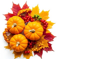 Autumn arrangement with pumpkins leaves and berries on white