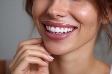 Bright female smile showcases the results of a successful teeth whitening treatment in a soft, natural setting with warm lighting