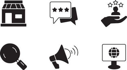 Marketing and Customer Experience Icons Storefront, Feedback, Customer Service, Search, Promotions, and Global Digital Presence