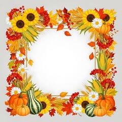 Obraz premium Autumn frame with pumpkins sunflowers corn and fall leaves