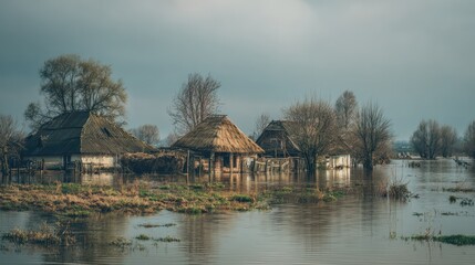 Fototapeta premium Agricultural Disaster: Flooded Field and Houses, Climate Change Consequence