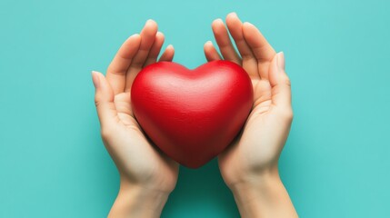 Fototapeta premium Hands holding a red heart symbol against blue.
