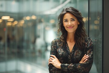 Beautiful hispanic senior business woman with crossed arms smiling at camera. European or latin confident mature good looking middle age leader female businesswoman on office background, copy space.