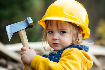 Young Builder Child Holding Axe Protective Gear Yellow Helmet Outdoor