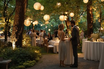 International wedding outdoor celebration during the evening with guests enjoying a beautifully decorated garden setting adorned with glowing lanterns and tables
