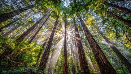 Forest canopy view tall trees reach upward. Sunlight filters down through branches creating ethereal beams of light in a tranquil woodland scene