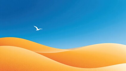 Aridscape. Wavy, tan sand dunes under a vivid blue sky. A lone white seabird flies across the upper left of the frame, emphasizing the vast, open feeling of the desert landscape