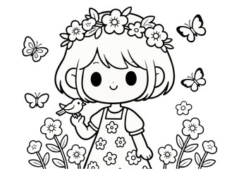 Cute Autumn Girl with Bird and Flower Headpiece – Coloring Sheet