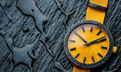 Orange wristwatch close up displayed against textured gray wet surface