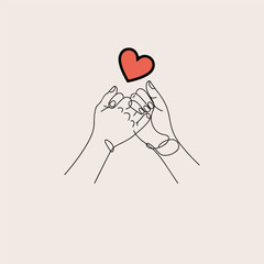 Two hands pinky promise with red heart above love connection