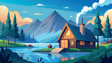 Naklejka premium Scenic cabin by the tranquil lake surrounded by mountains and pine trees during a bright sunny day