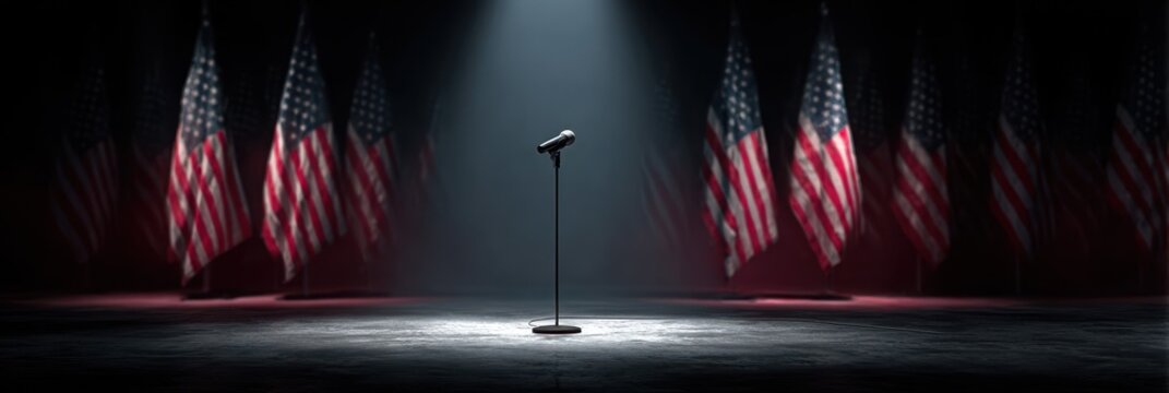 Microphone on stage surrounded by American flags in a dramatic lighting setting during a political event or speech