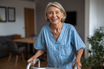 Elderly woman doctor smiling while using a walker for physiotherapy in a modern living room setting during daytime