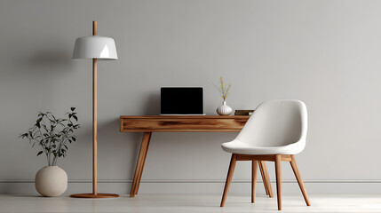 A modern home office setup with a wooden desk and a stylish white chair