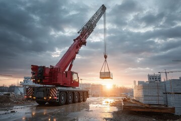 Construction crane lifting building materials at dusk on a construction site with cloudy skies and orange sunset light illuminating the area