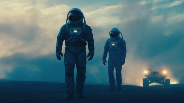 Brave astronauts explore mysterious planet landscape under cloudy ethereal sky - Powered by Adobe