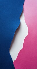 Torn paper layers royal blue and pink revealing a white background. The textured edges are rough and suggest depth and dimension. Soft lighting creates subtle shadows