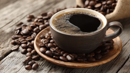 Fototapeta premium A ceramic cup filled with freshly brewed coffee sits on a wooden plate. Surrounding the cup are whole coffee beans, creating a cozy and inviting atmosphere perfect for coffee lovers.