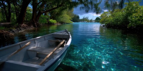 Clear blue water reflects a serene landscape with a wooden boat in a peaceful lagoon surrounded by lush greenery