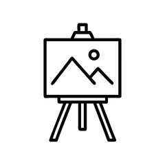 Easel with canvas featuring mountain and sun outline, a minimalist art illustration on artistic equipment for creative expression.