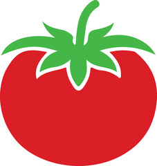 Simple red tomato with green stem and leaves icon