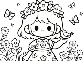  Chibi Girl with Flower Crown Holding Bird – Autumn Coloring Page