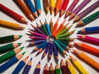 Fototapeta premium Colorful pencils arranged in a vibrant circular pattern colored pencils art supplies
