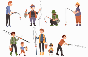 Fishermen. Cartoon Illustration of Men and Boys Fishing