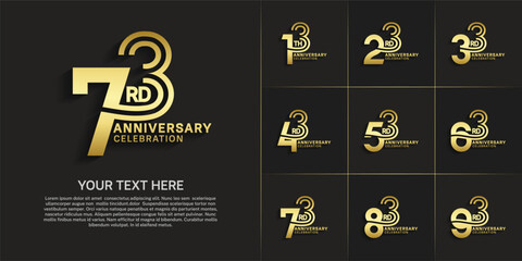 Anniversary logo style double line number set. gold color on black background for celebration event