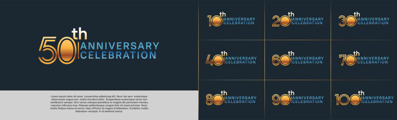 Anniversary logo type set with double line number. gold and blue color for celebration event