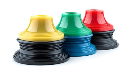 Colorful Plastic Agility Training Marker Cones Yellow, Green, Red on White Backdrop