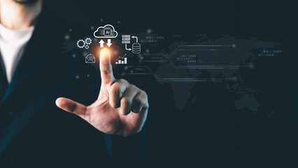 Businessman touching AI cloud computing icon with virtual data transfer and futuristic digital interface, symbolizing artificial intelligence, big data, and global connectivity