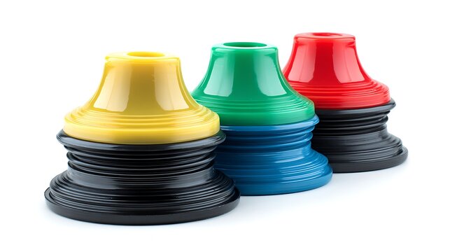 Colorful Plastic Agility Training Marker Cones Yellow, Green, Red on White Backdrop - Powered by Adobe