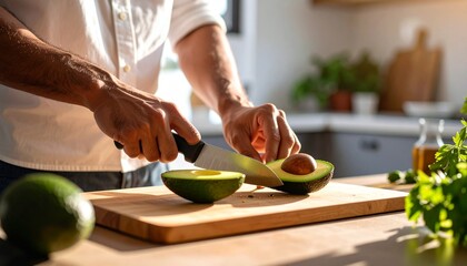 Man slicing fresh avocado on wooden cutting board in soft morning sunlight. Healthy breakfast, cooking, meal prep, clean eating, natural light, cozy kitchen, lifestyle, nutrition, casual home scene.