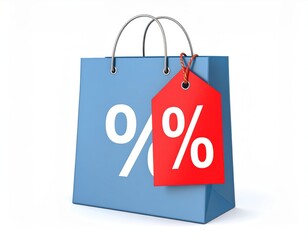 Blue Shopping Bag with Red Percentage Tag on White Background.
