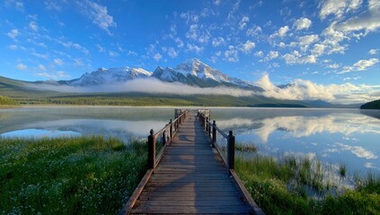 Mountain lake scene with a long wooden pier extending over calm water reflecting a blue sky with scattered clouds and snow-capped peaks partially shrouded in fog. Meadows line the shore