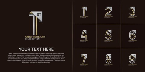 Anniversary logo type set with double line number. golden and silver color for celebration event