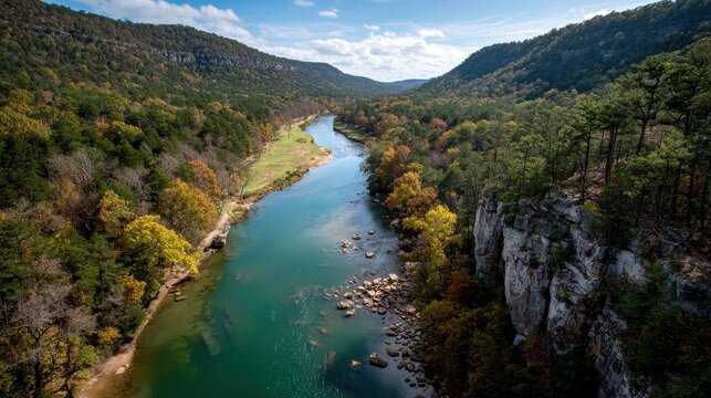 Arkansas Nature: Aerial View of Buffalo National River Surrounded by Forest and Mountains