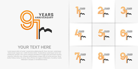Anniversary logo type set with double line number. orange color and black ribbon for celebration event