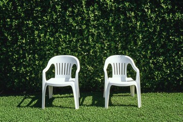 Two white plastic chairs on a grassy lawn, facing a dense green hedge