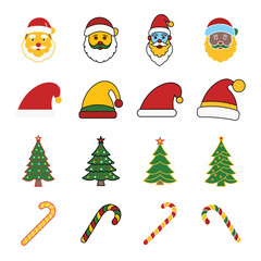 Christmas Vector Icon Set. Santa Faces, Holiday Hats, Christmas Trees, and Candy Canes in Flat Style