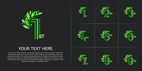 Anniversary logo type set with double line number and floral ornament. green color for celebration event