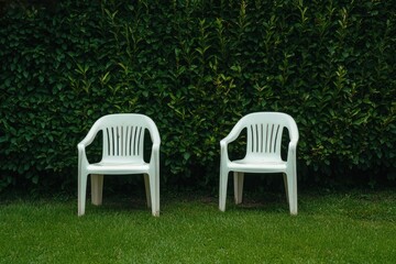 Two white plastic chairs against a green hedge