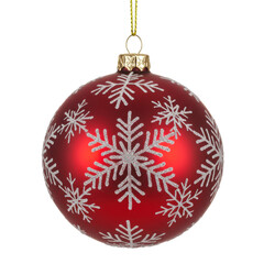 Red christmas ornament with white snowflakes isolated on transparent background