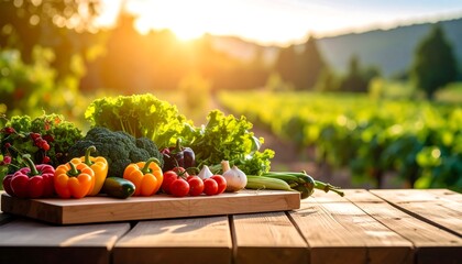 Vibrant vegetables on rustic wood, sunlit rural backdrop